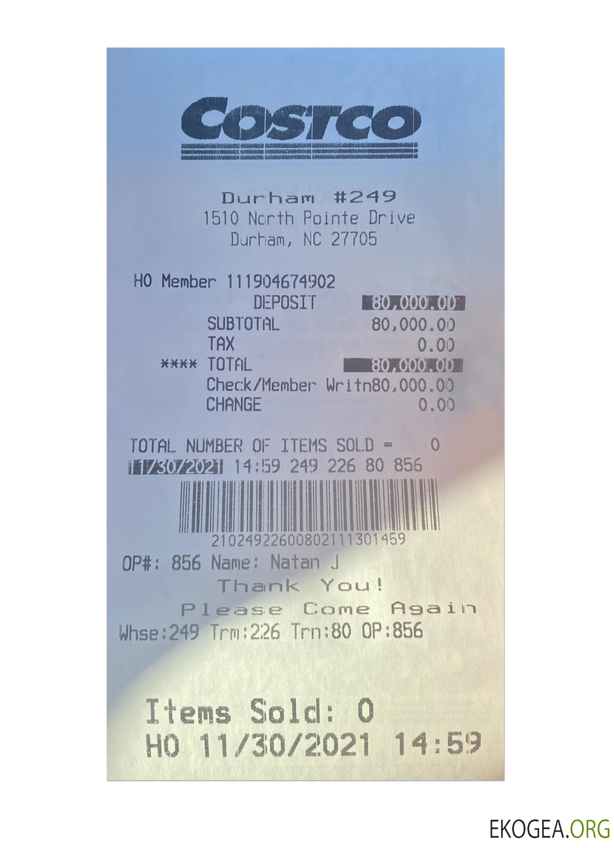 Reçu de paiement COSTCO template